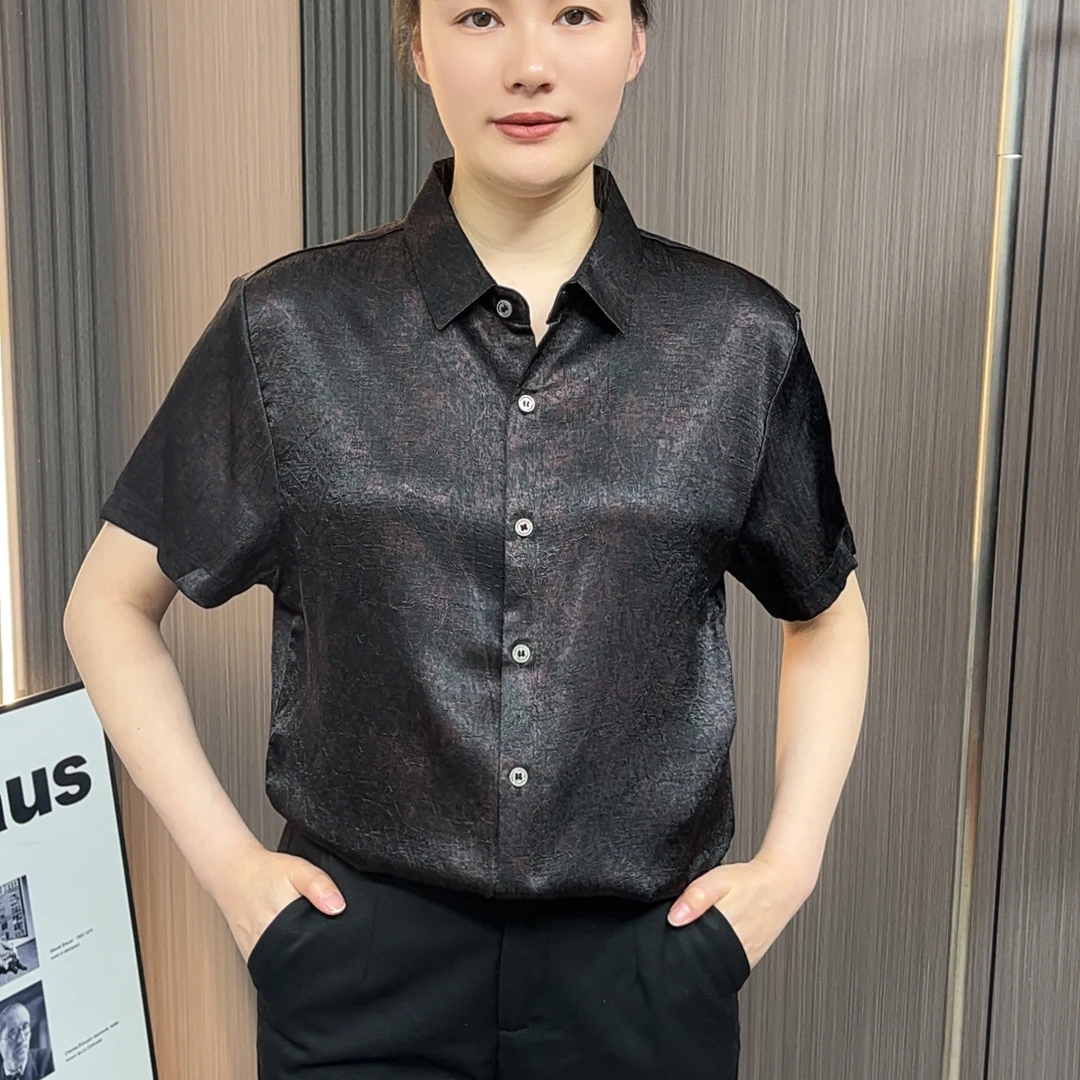 不起球吸汗短款男士短袖夏季衬衫翻领男装立领潮流轻奢压花薄款