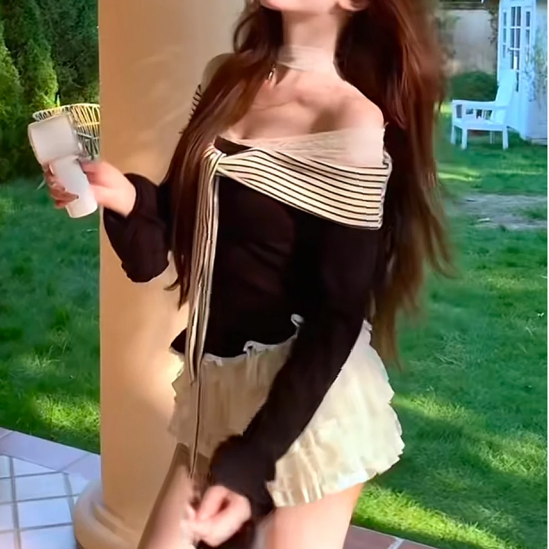 早秋季韩系穿搭学院风海军领披肩长袖针织衫上衣女半身裙两件套装