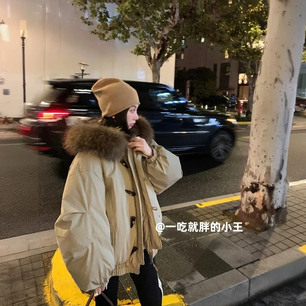 【一吃就胖小王】美式牛角扣连帽大毛领棉服女复古派克服冬季加厚