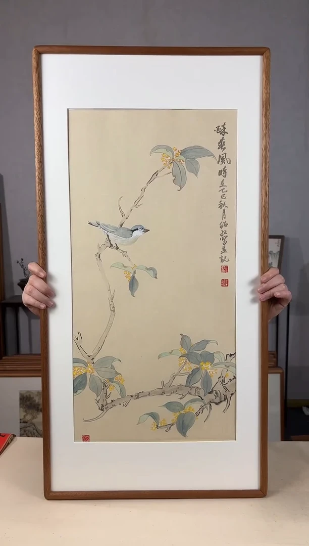 国画手绘*醉春风*47*92cm*原木色木框