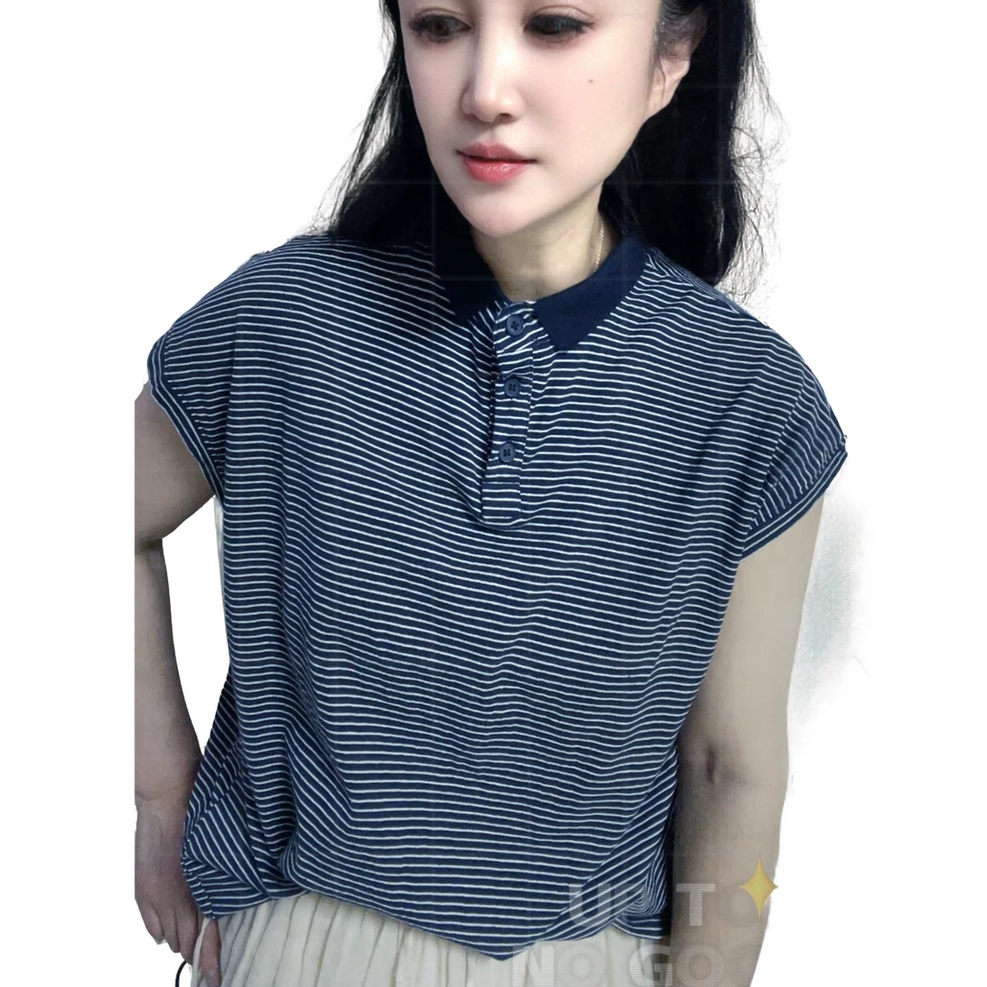 WENLA小方领休闲百搭宽松条纹半袖