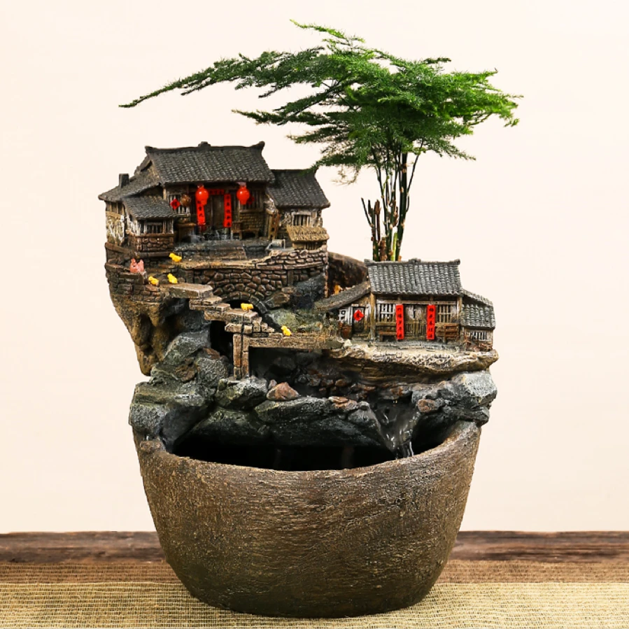 双层房子复古风格流水摆件微缩景观造景经典田园植物盆栽家居装饰