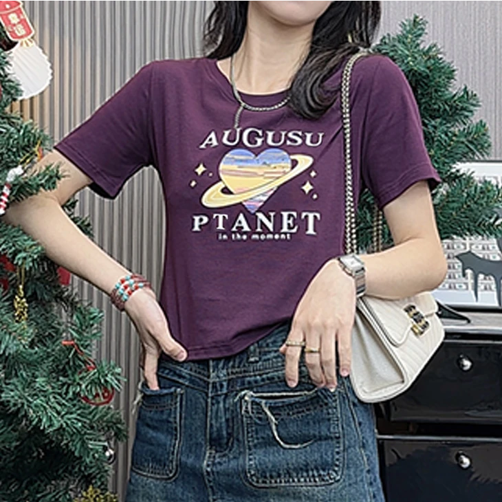 心型星球设计别致新款显瘦时尚夏季正肩圆领短袖t恤休闲小众洋气
