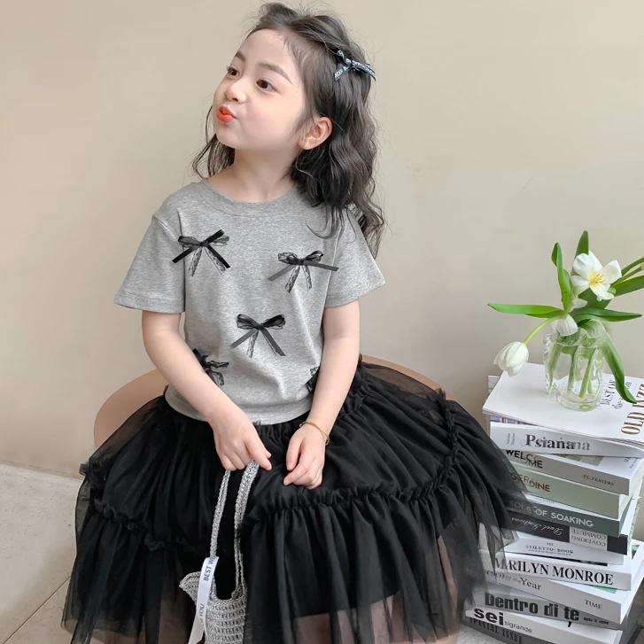 女童短袖t恤2025夏装新款儿童蝴蝶结上衣女孩宽松夏季体恤B6472