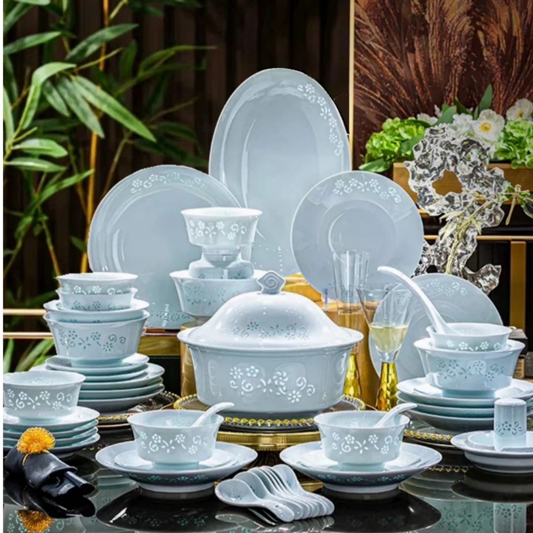景德镇高白泥玲珑58件玲珑餐具