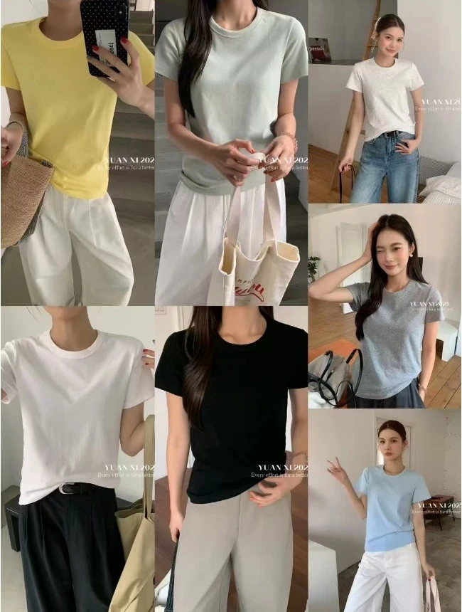 温柔瑶-元熙#宽松圆领百搭小马刺绣T恤#8253