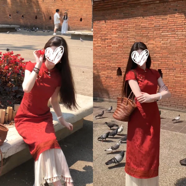 2025年新中式红色提花假两件拼接暗纹提花改良禅意旗袍连衣裙女