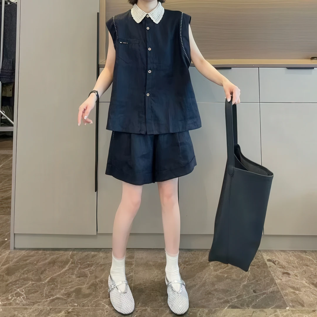 时尚休闲POLO领撞色上衣套装女2025夏季大码胖MM马甲+短裤两件套