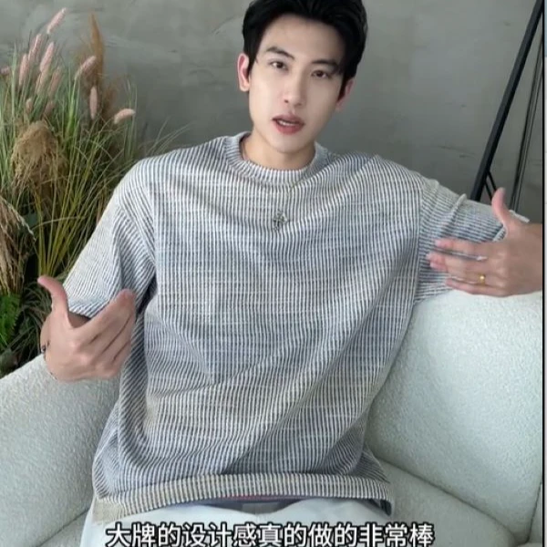 夏季高级感新款韩系肌理感竖纹短袖T恤百搭宽松男士休闲圆领上衣