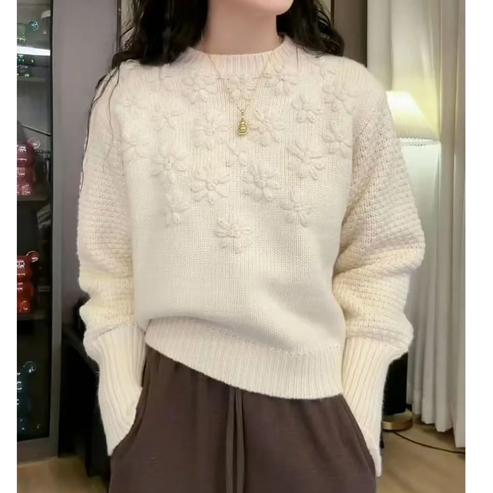 2025秋冬新款时尚气质钩花针织衫长袖毛衣显瘦百搭女上衣8898长52