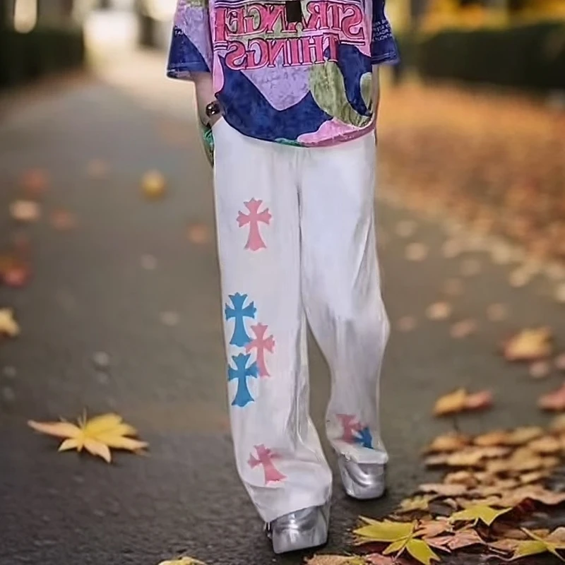 潮牌新款中高腰垂感丝绒休闲裤女宽松显瘦拖地星星直筒2620