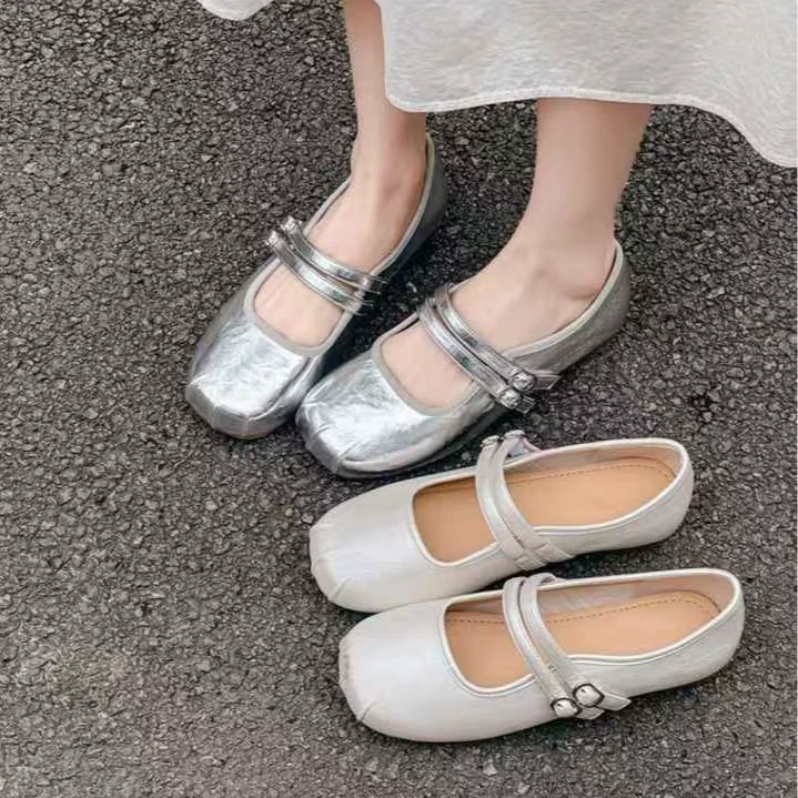 【夏季新款】复古平底软底玛丽珍褶皱浅口单鞋22287
