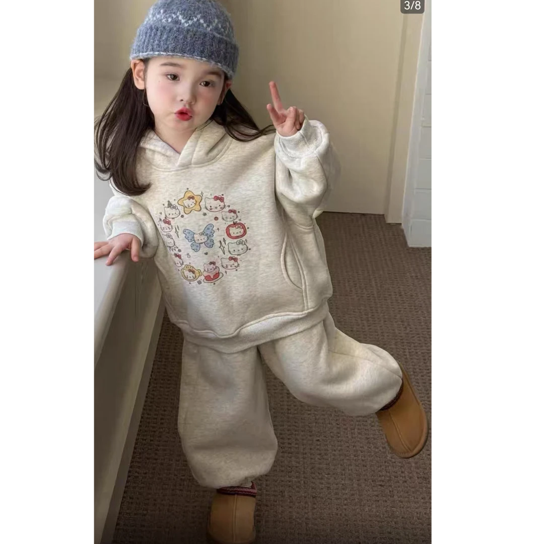 女童套装2025秋装新款女孩韩版卡通印花连帽卫衣宝宝加绒保暖套装