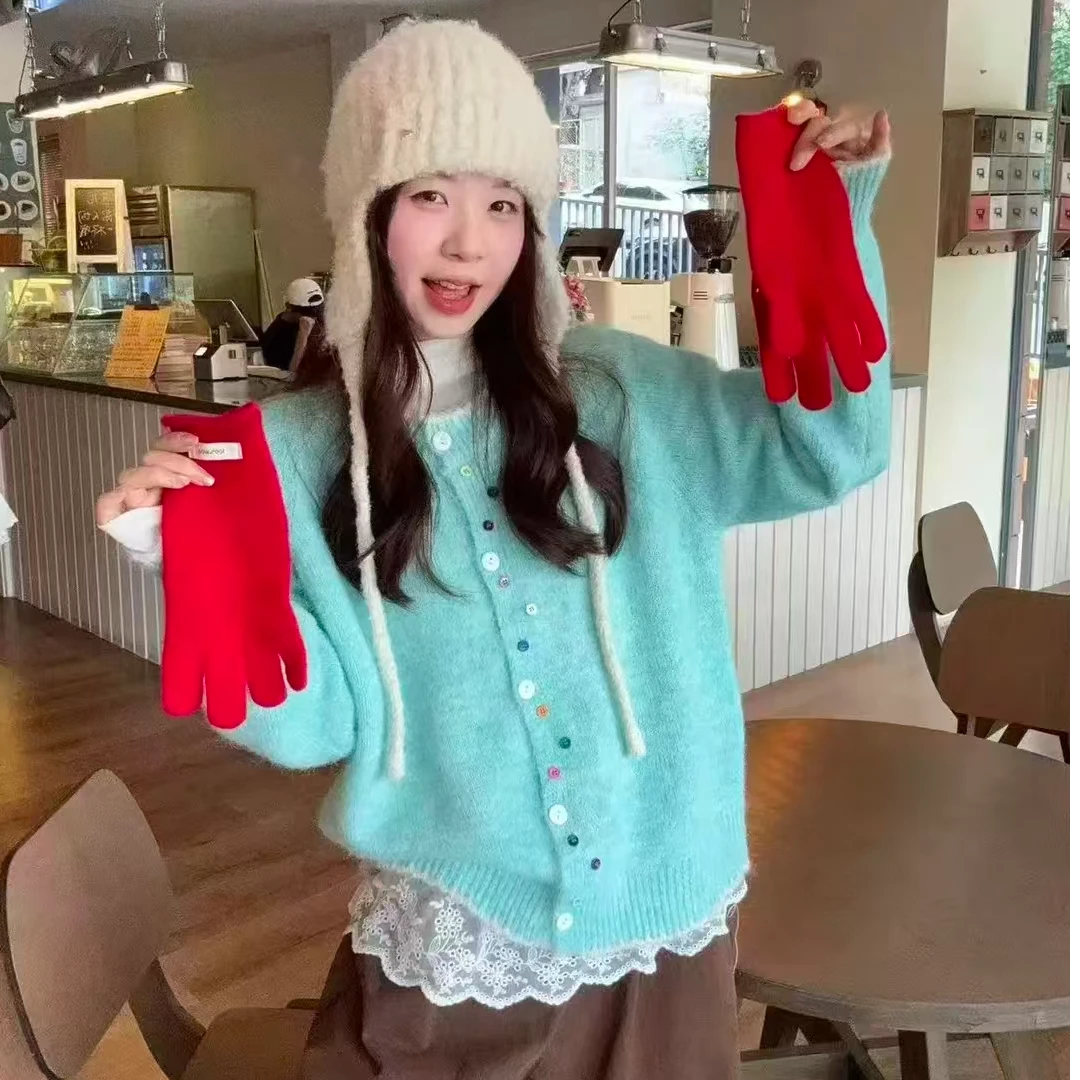 韩系复古彩色扣子针织开衫女秋季新款设计感小众百搭软糯毛衣121