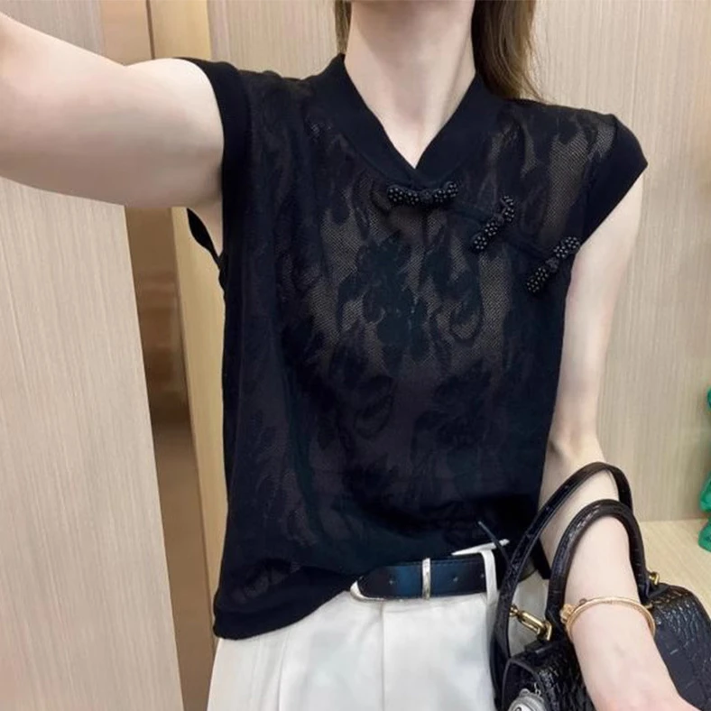 欧货重工钉珠盘扣无袖蕾丝针织T恤立领提花镂空中式国风T恤上衣女