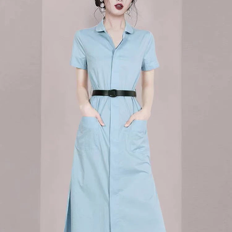 法式名媛衬衫连衣裙2025夏季新款女中长款修身收腰短袖A字裙