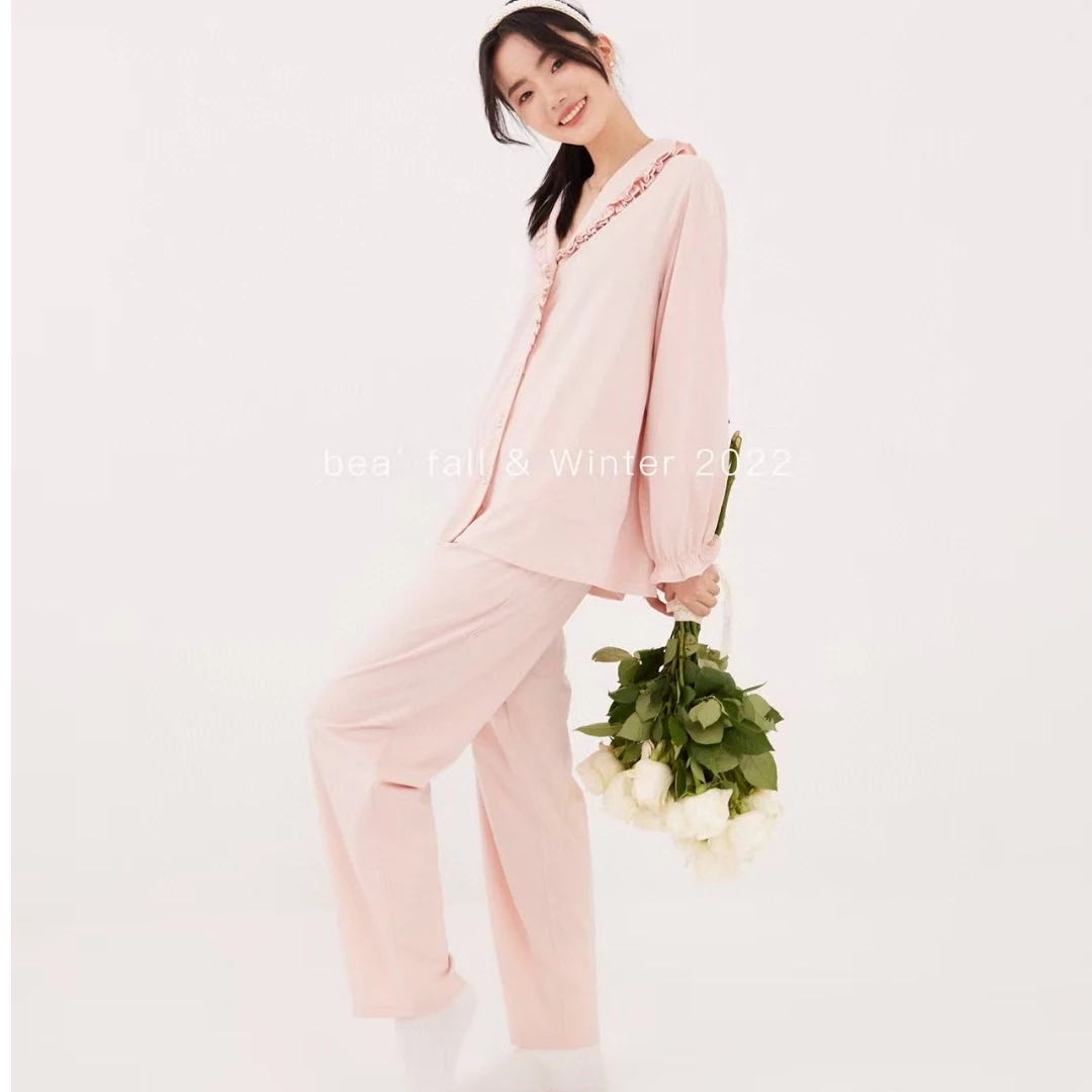 女士莱卡棉甜美花边翻领春秋家居服睡衣女款爆款2025新款舒适