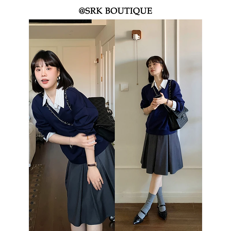 法式学院风假两件卫衣开春休闲拼色叠穿慵懒松弛百搭新款S2CW0548