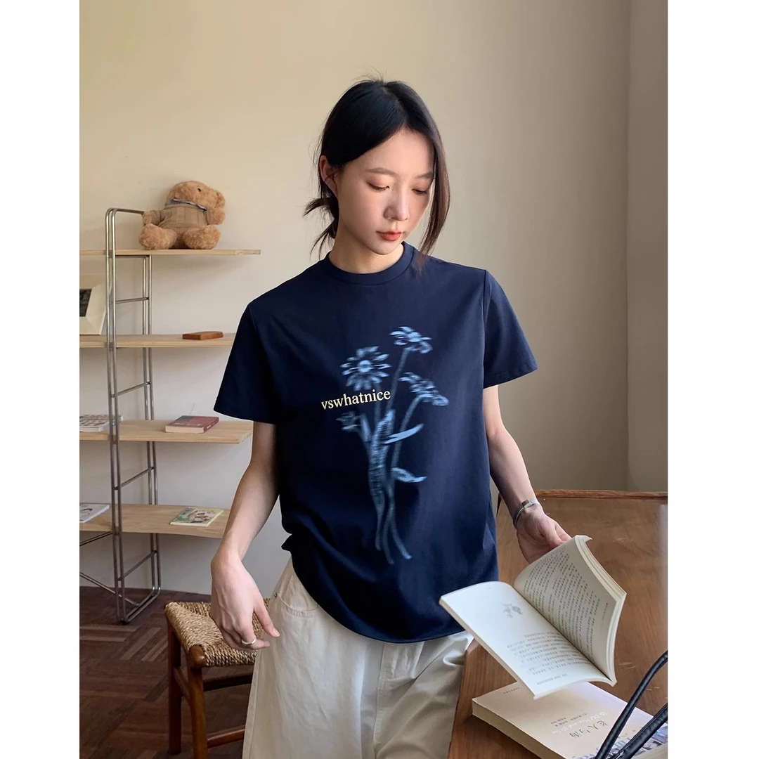 Vswhat设计感ins印花短袖夏季简约圆领上衣休闲时尚显瘦T恤女小众