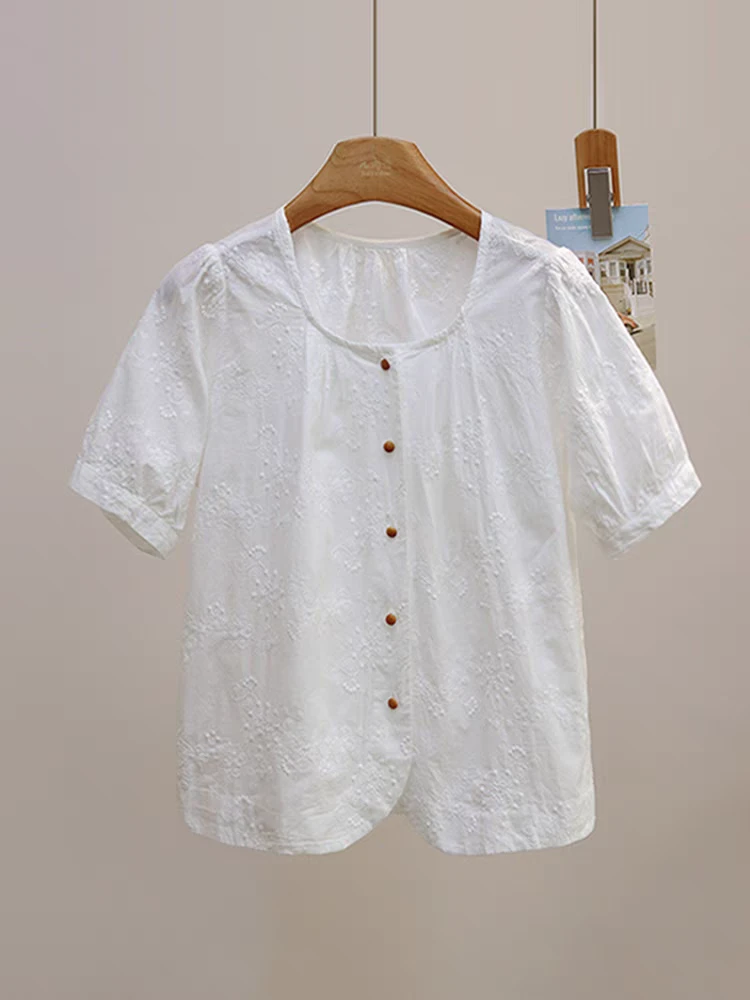 25156圆领刺绣花咖色扣子开衫短袖打底