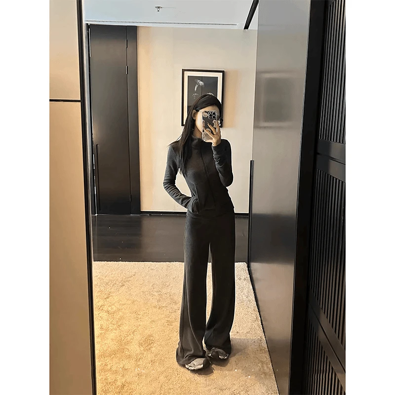 美式休闲慵懒运动套装女秋季新款老钱风条纹立领卫衣一整套