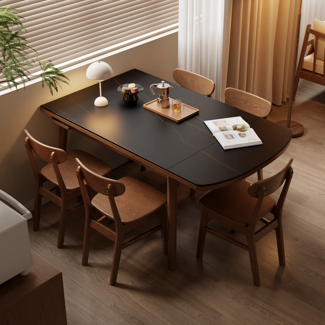 全实木岩板伸缩餐桌小户型家用吃饭桌子现代简约中古折叠饭桌