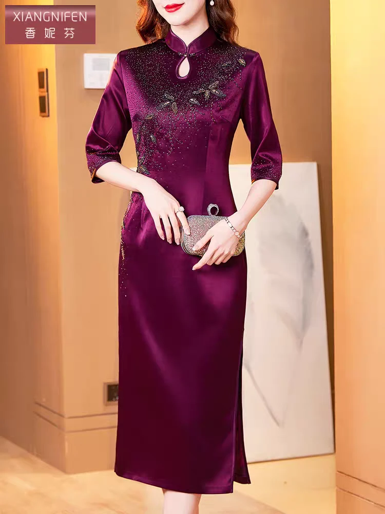 婚礼刺绣中长裙气质款妈妈装旗袍大码秋冬秋季婚礼服时尚