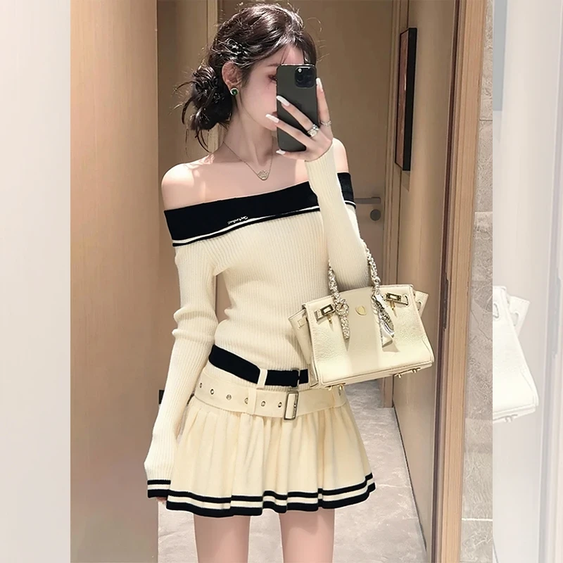 秋冬新款韩系穿搭高贵气质一字肩针织衫长袖连衣短裙洋气衣服女