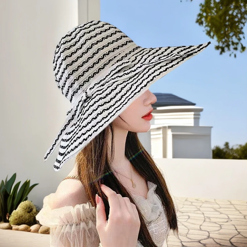日系可折叠夏季条纹遮阳防晒大檐帽子女新款透气沙滩太阳渔夫盆帽