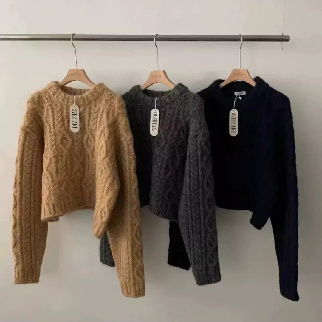 现货！overtake韩国东大门代购2024秋新宽松麻花纹套头针织毛衣
