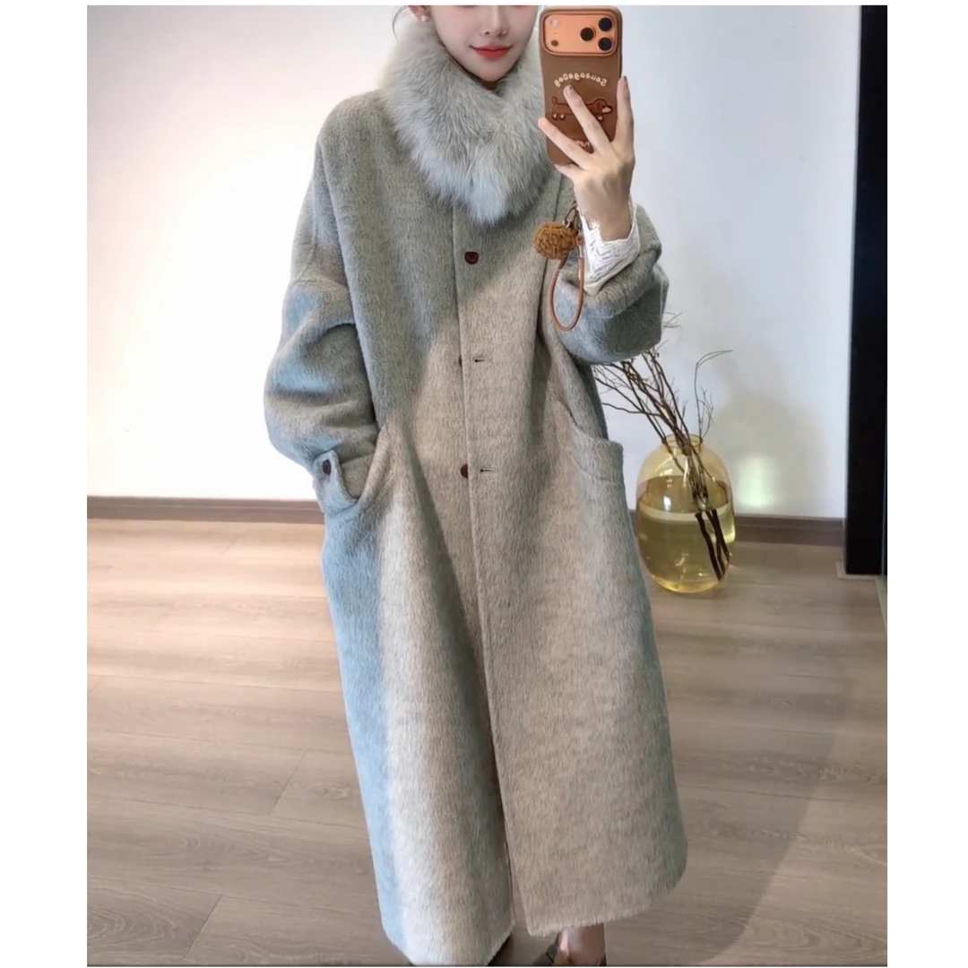 2025秋冬新款韩系毛领大衣冬季女高级感轻奢风毛呢外套中长款呢子