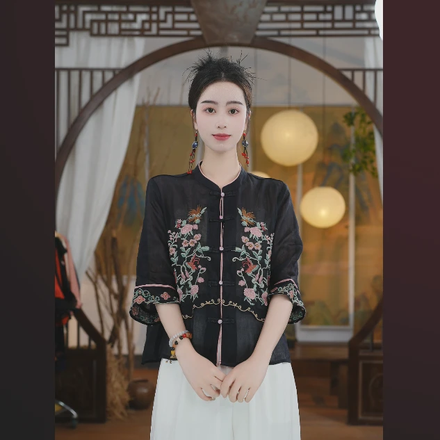 素娘春夏气质短款时尚立领衬衫绣花夏季复古中国风民族风S25455C