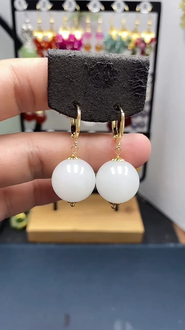 和田玉银S925镀金镶嵌耳饰尺寸16mm耳扣77