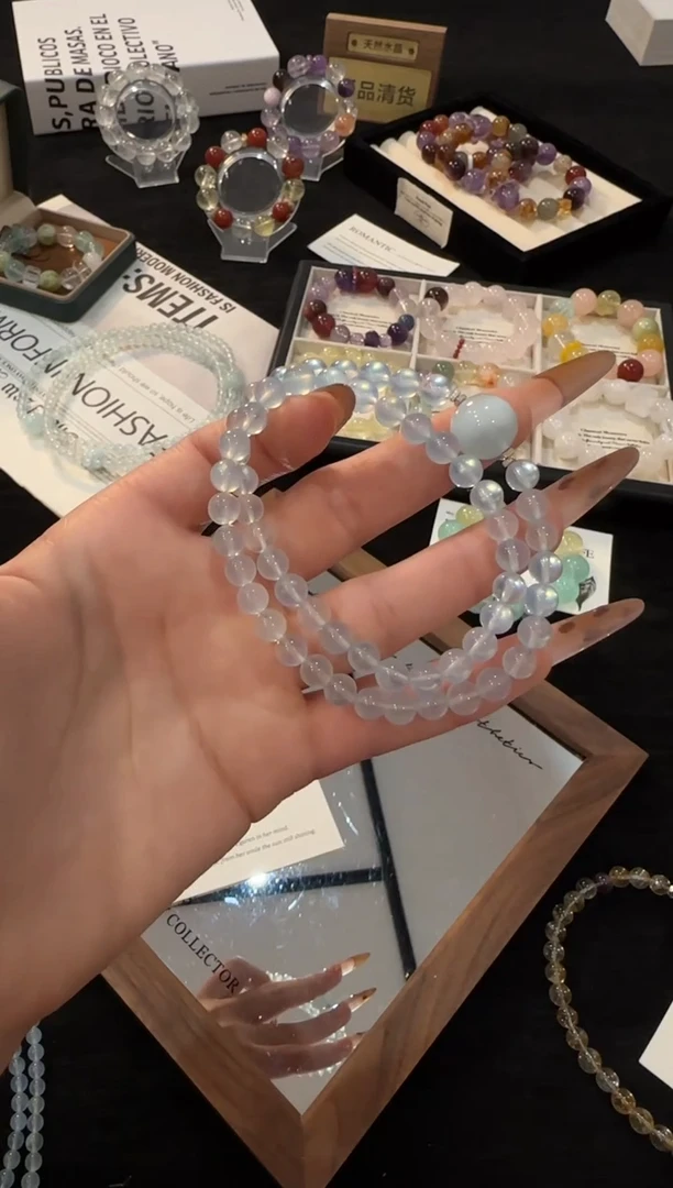 银S925镶嵌手链水晶海蓝宝双圈x2982