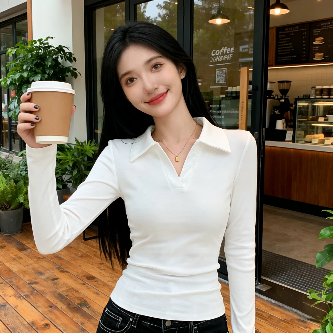 2026春季新款穿搭POLO领长袖上衣女装正肩网红打底衫内搭外穿t恤