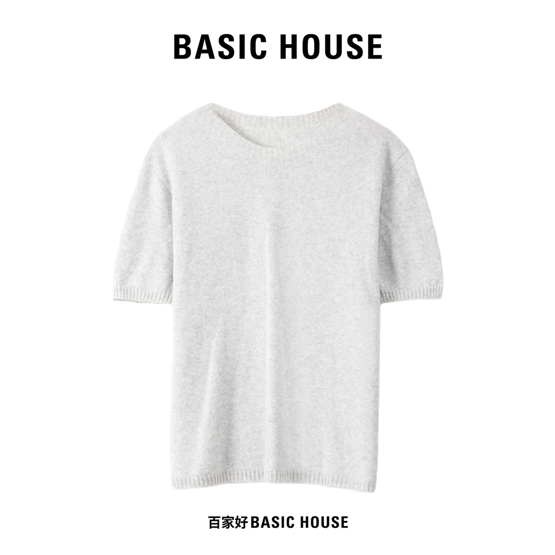 Basic House/百家好2025年新款时尚V领气质短袖针织衫 MMQC
