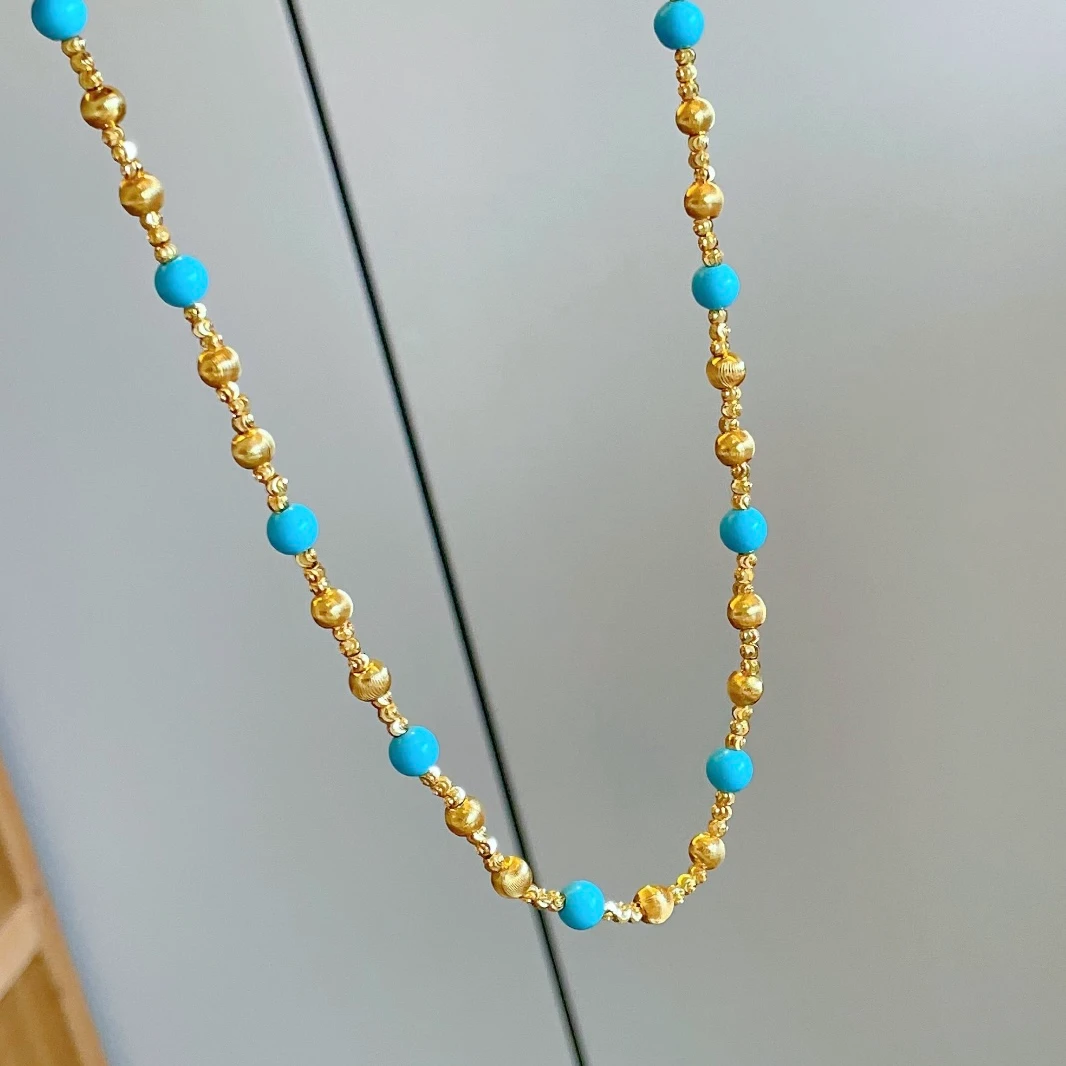 铜合金项链 夏日海盐蓝爆闪猫眼珠项链百搭时尚锁骨链手工串珠链