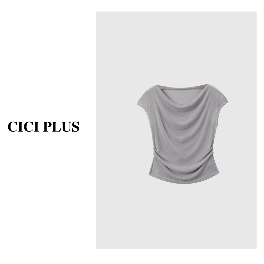 【CICI PLUS】 2025夏季“醋酸”简约夏季舒适荡领T恤25C6100