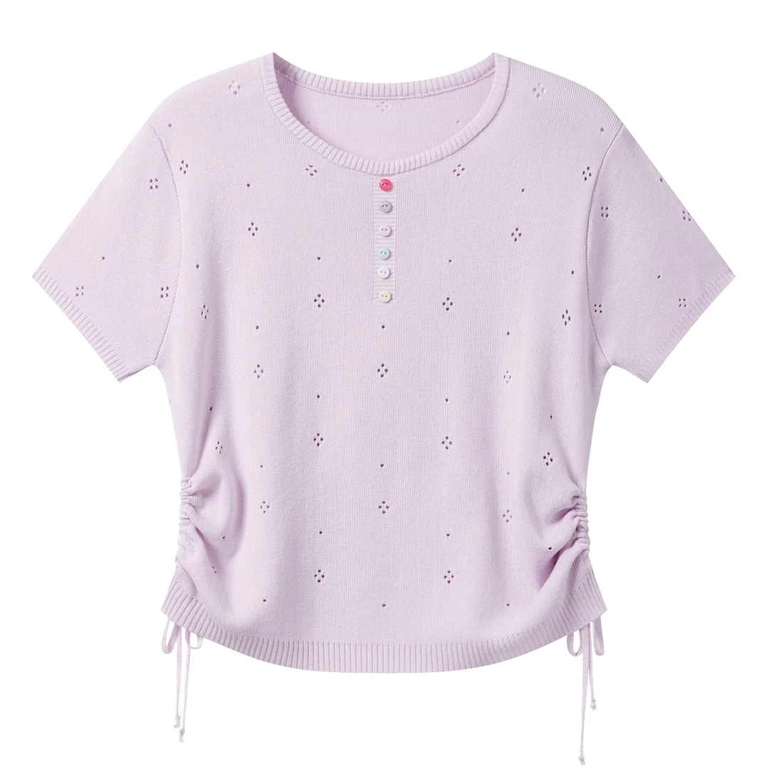 羊城故事紫色设计感圆领正肩短袖t恤女新款宽松百搭针织衫9779