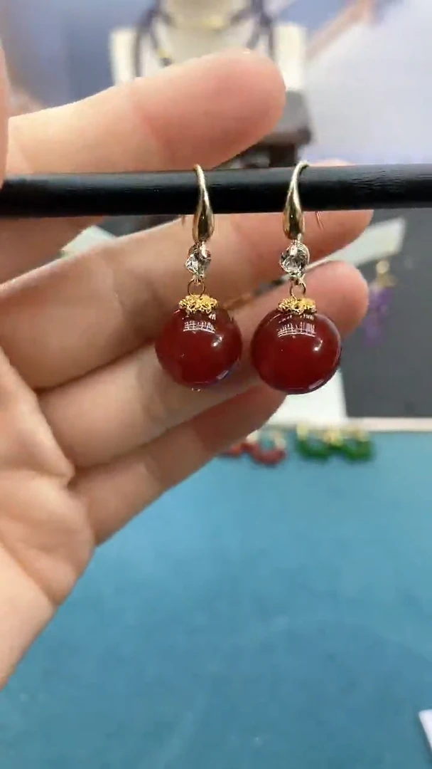 【闪购商品】南红玛瑙耳饰银S925镶嵌14mm南红单珠耳钩