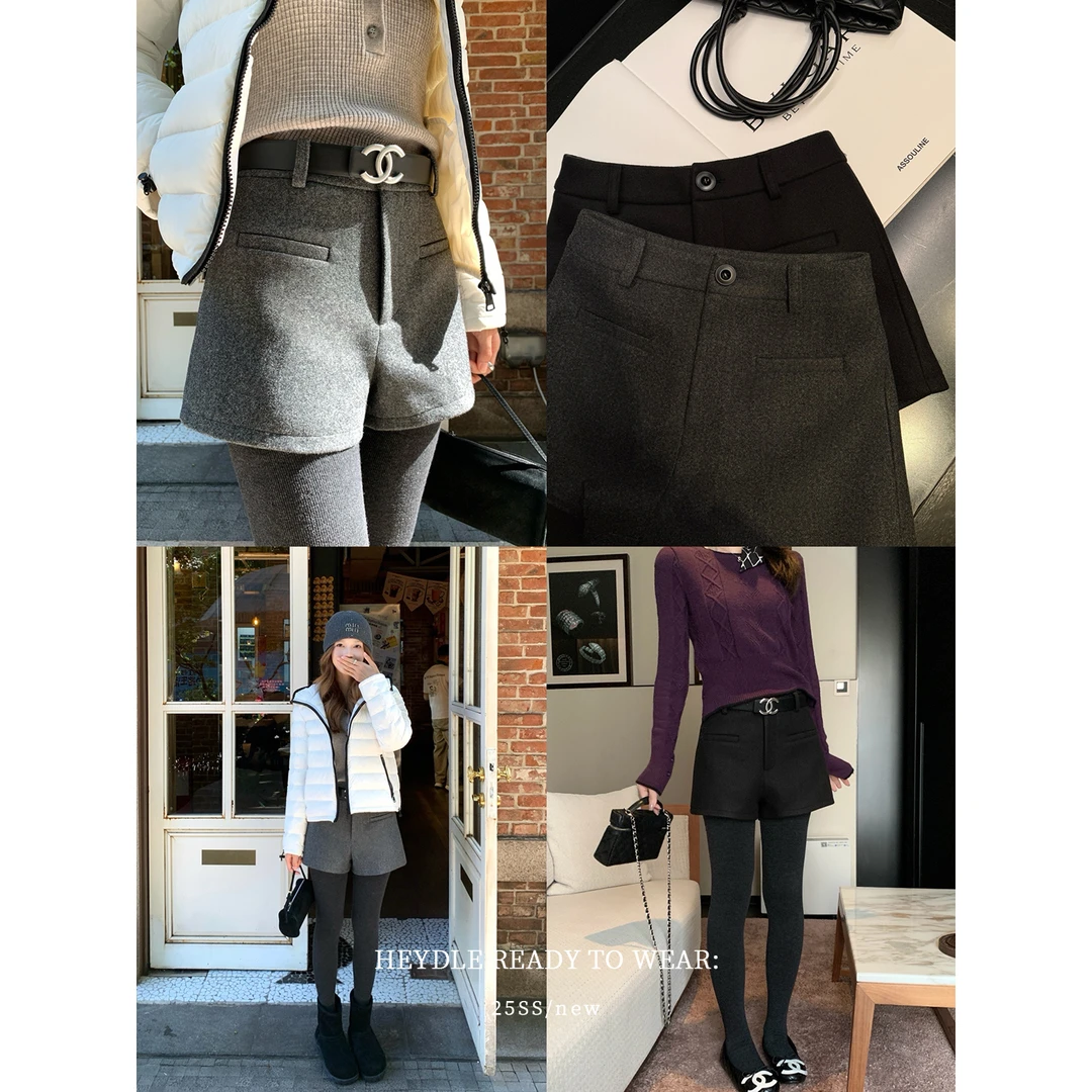 黑豆哼哼 优越比例*a字版外穿毛呢短裤女冬季百搭显瘦靴裤休闲裤