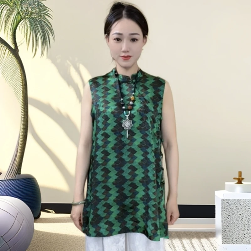 江南鑫雅阁【绿潮菱格】奥黛女装常规无袖上衣立领绿色斜襟提花休闲