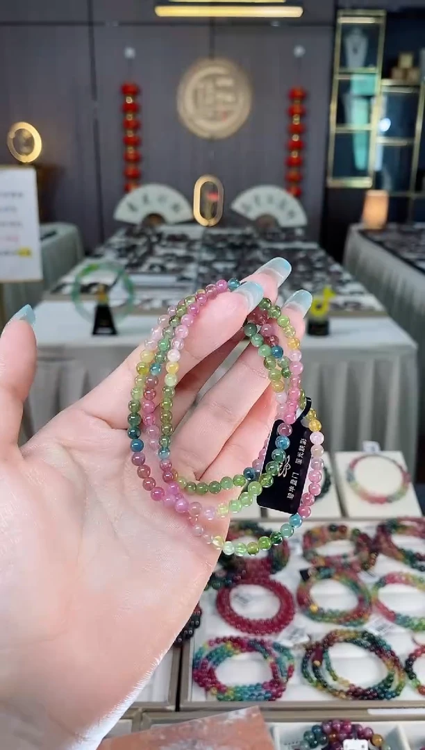 未镶嵌老矿碧玺色标彩虹三圈手串4mm+碧玺多样性发一条mz