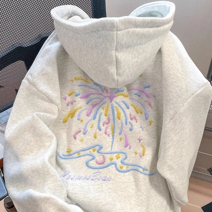 大码300斤新年烟花连帽卫衣男士秋冬加绒加厚潮流宽松百搭长袖女