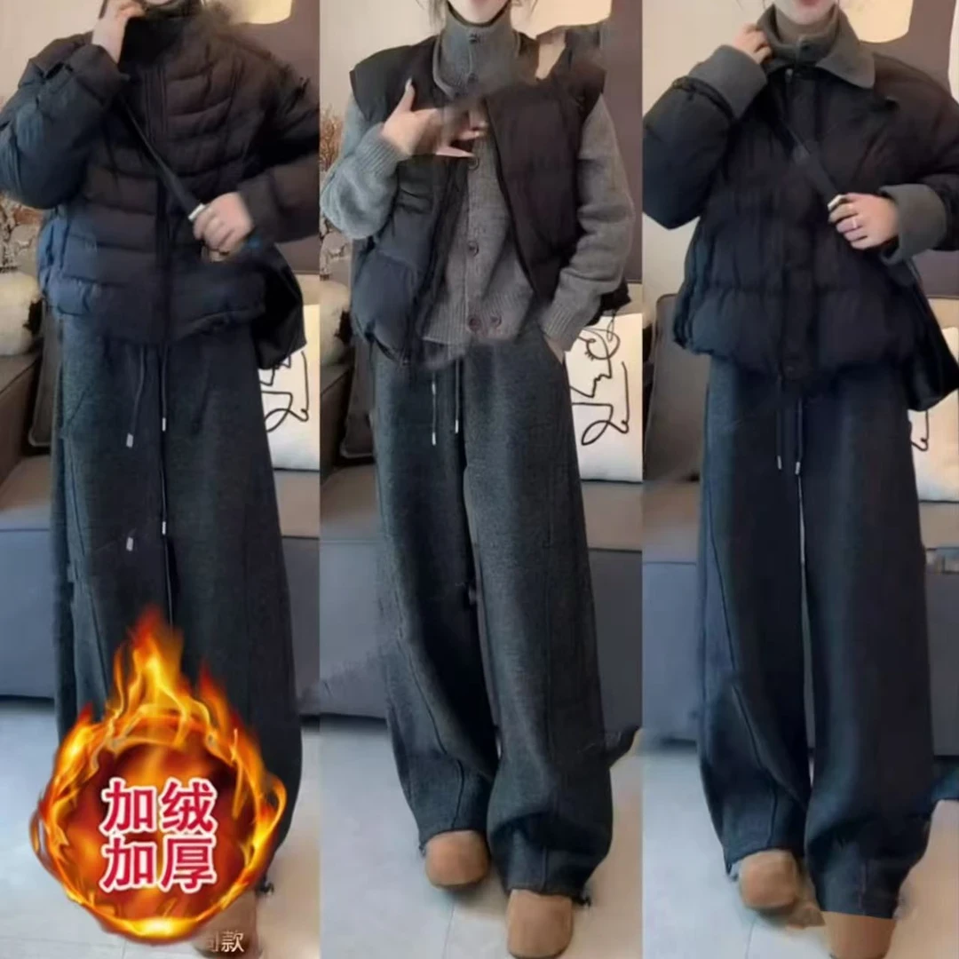 加绒羊毛呢阔腿裤女2025秋冬季新款休闲加厚慵懒香蕉卫裤子