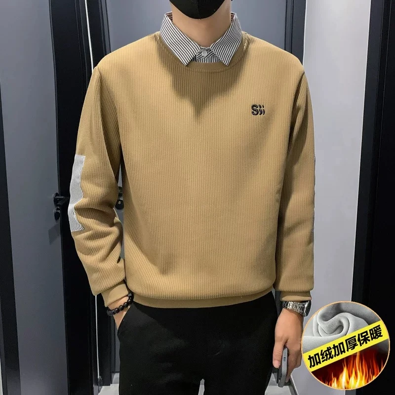 衬衫领卫衣男加绒潮牌假两件灯芯绒春季2025新款秋冬款内搭打底衫