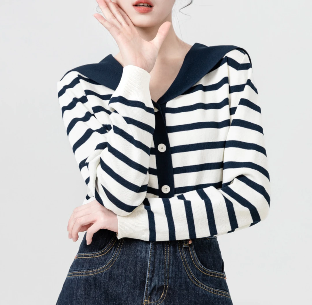 A04海军领长袖针织开衫秋季2025新款设计感小众撞色毛衣条纹上衣