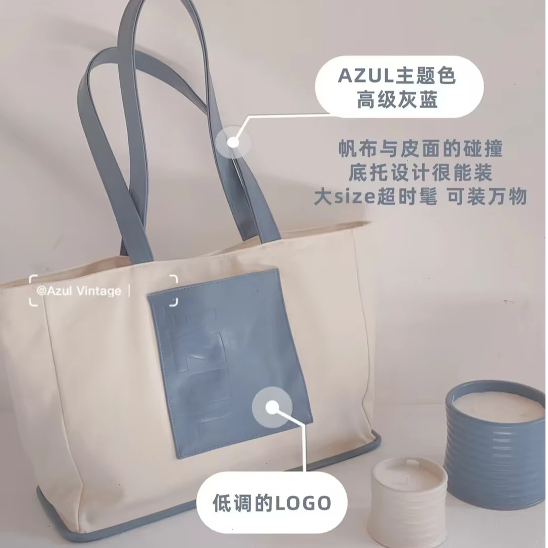 全新未使用  蓝白帆布拼皮单肩包