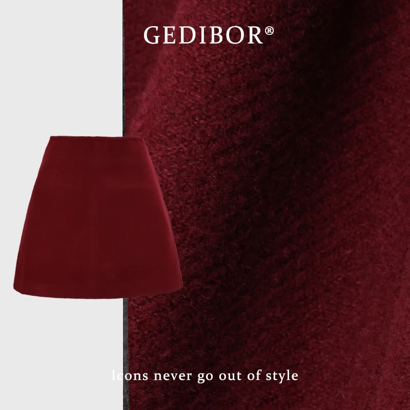 反季清仓！【GEDIBOR】“红酒”羊毛呢复古气质高级优雅A字半身裙