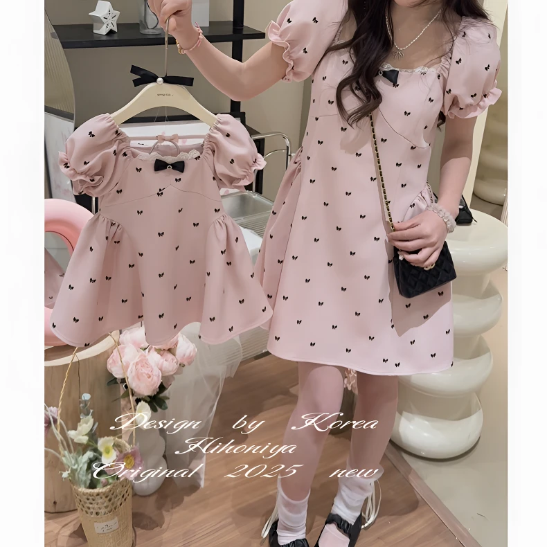 女童粉色连衣裙2025夏季新款女孩网红洋气女孩蝴蝶结泡泡袖公主裙